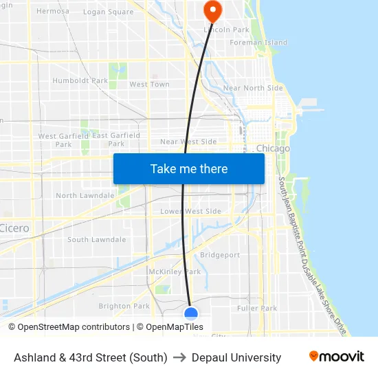 Ashland & 43rd Street (South) to Depaul University map
