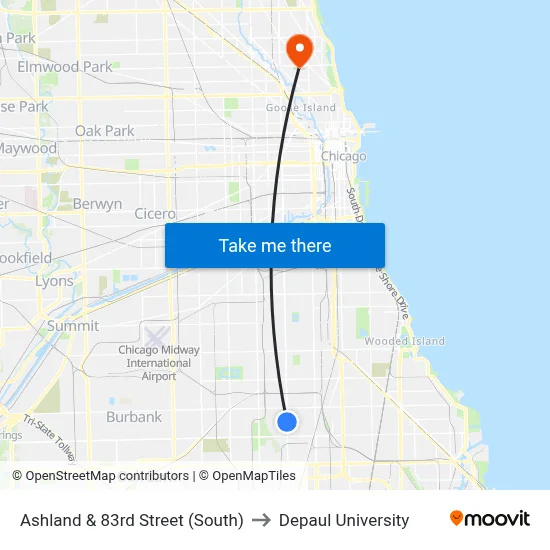 Ashland & 83rd Street (South) to Depaul University map