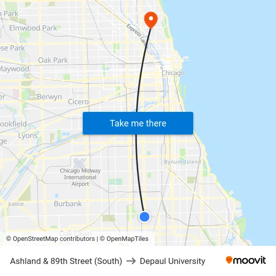 Ashland & 89th Street (South) to Depaul University map