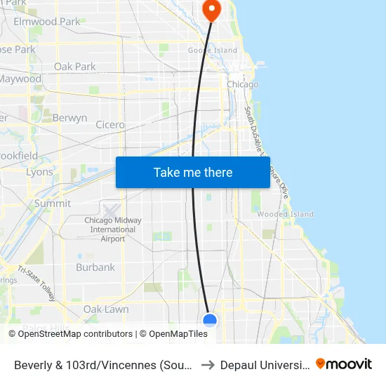 Beverly & 103rd/Vincennes (South) to Depaul University map