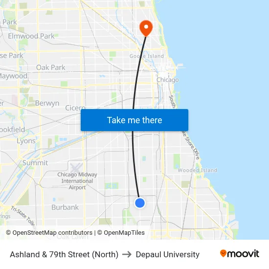 Ashland & 79th Street (North) to Depaul University map