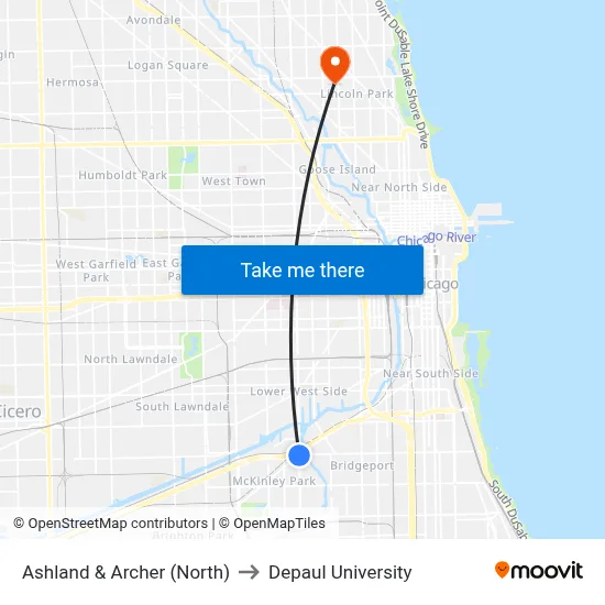 Ashland & Archer (North) to Depaul University map