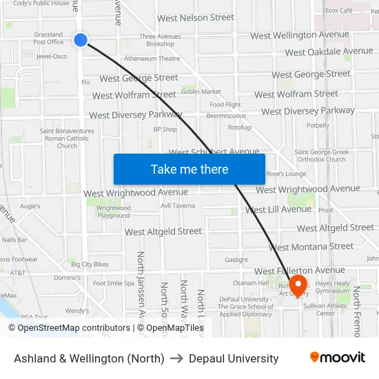Ashland & Wellington (North) to Depaul University map