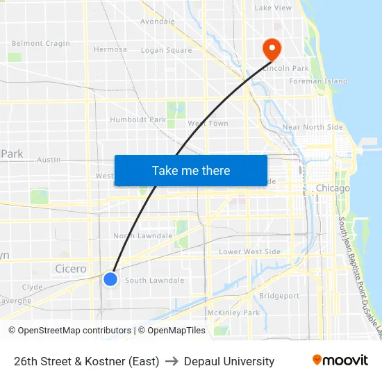 26th Street & Kostner (East) to Depaul University map