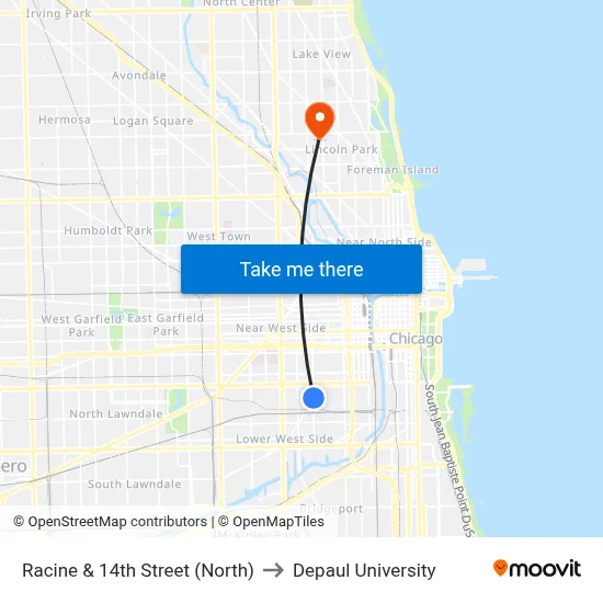 Racine & 14th Street (North) to Depaul University map