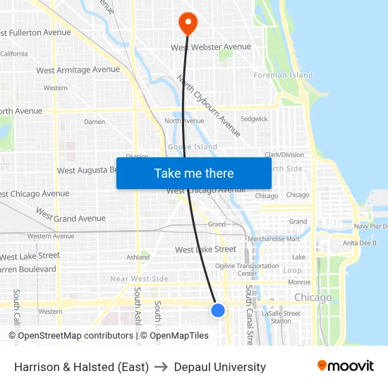 Harrison & Halsted (East) to Depaul University map