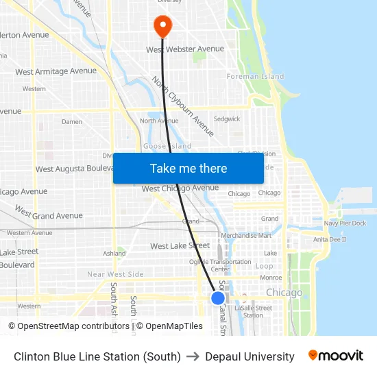 Clinton Blue Line Station (South) to Depaul University map