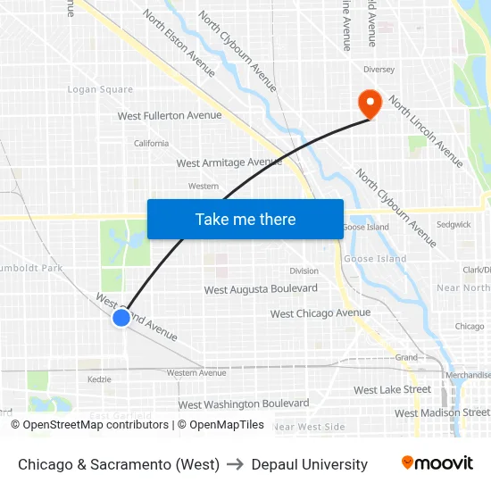 Chicago & Sacramento (West) to Depaul University map