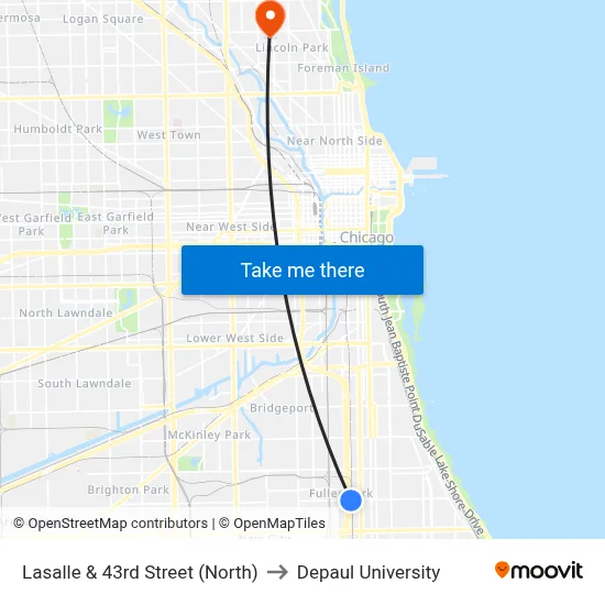 Lasalle & 43rd Street (North) to Depaul University map