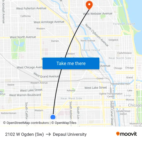 2102 W Ogden (Sw) to Depaul University map