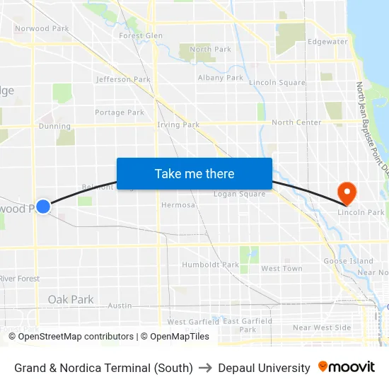 Grand & Nordica Terminal (South) to Depaul University map