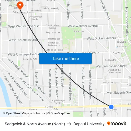 Sedgwick & North Avenue (North) to Depaul University map