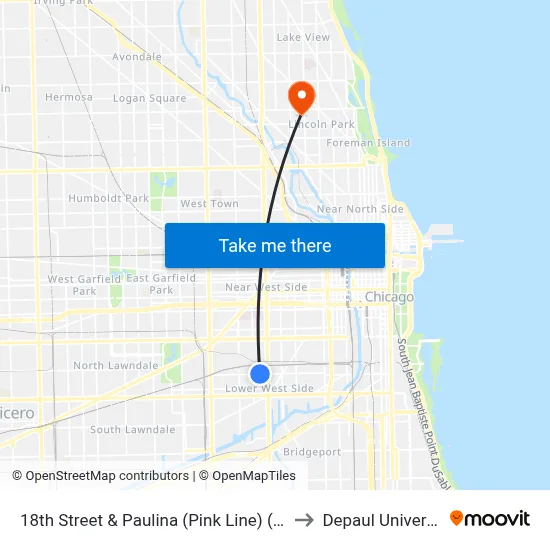 18th Street & Paulina (Pink Line) (East) to Depaul University map