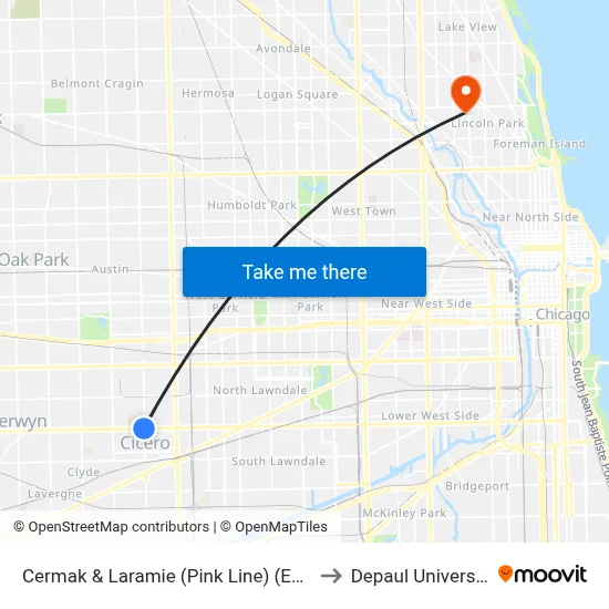 Cermak & Laramie (Pink Line) (East) to Depaul University map