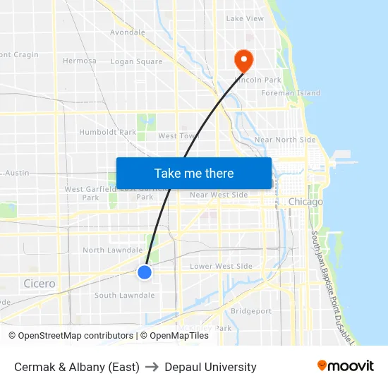 Cermak & Albany (East) to Depaul University map