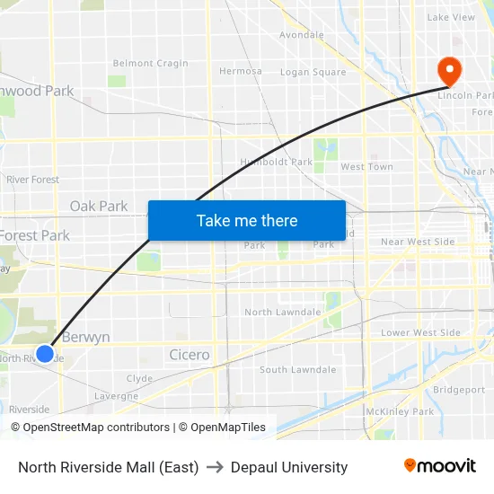 North Riverside Mall (East) to Depaul University map