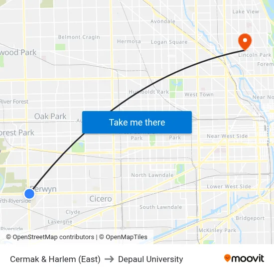 Cermak & Harlem (East) to Depaul University map