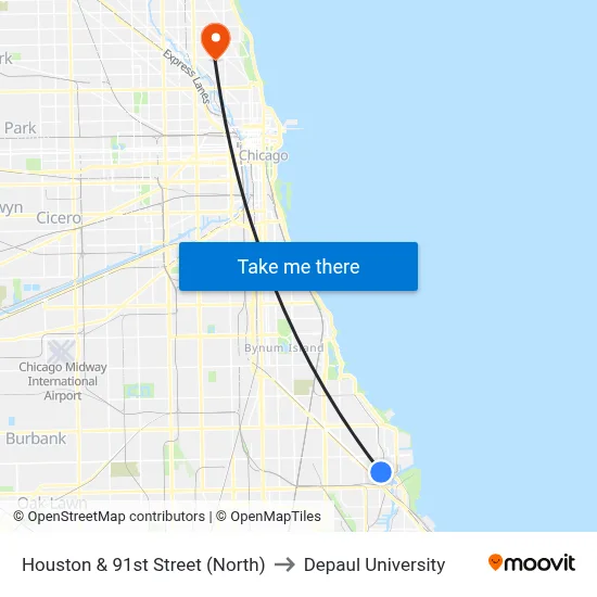 Houston & 91st Street (North) to Depaul University map