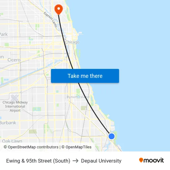 Ewing & 95th Street (South) to Depaul University map