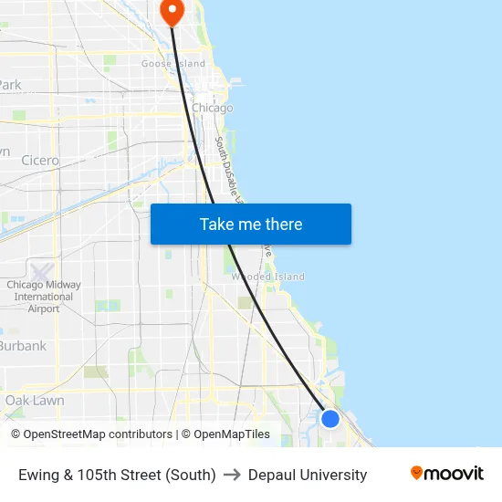 Ewing & 105th Street (South) to Depaul University map