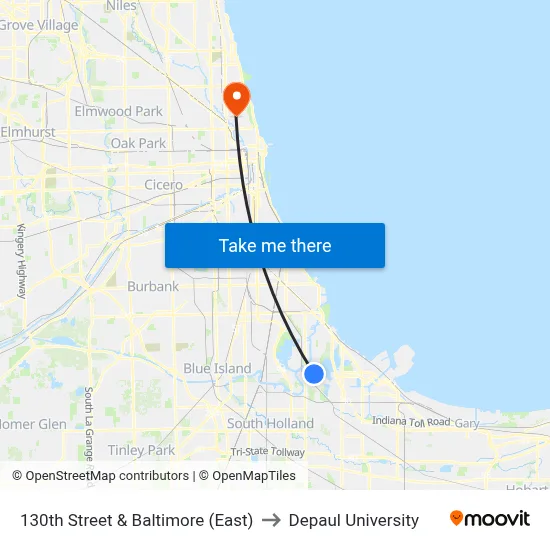 130th Street & Baltimore (East) to Depaul University map