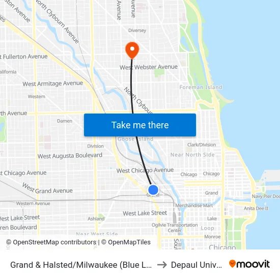 Grand & Halsted/Milwaukee (Blue Line) (East) to Depaul University map