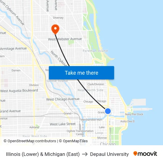 Illinois (Lower) & Michigan (East) to Depaul University map