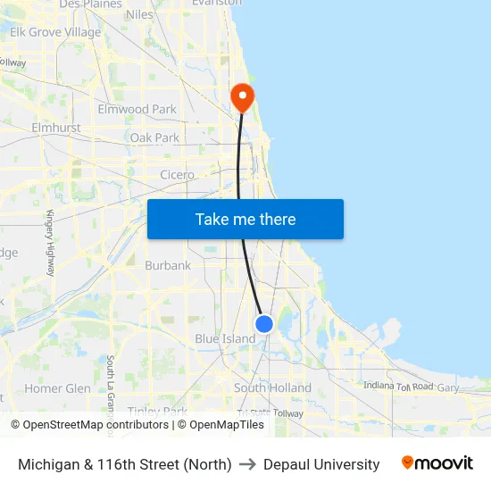 Michigan & 116th Street (North) to Depaul University map