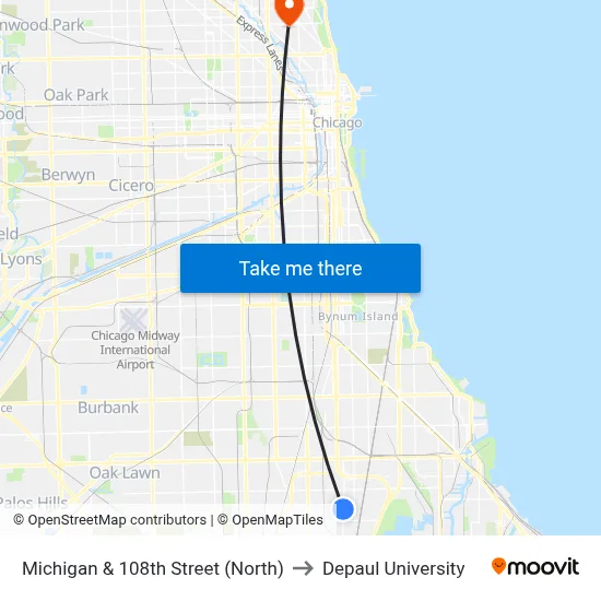 Michigan & 108th Street (North) to Depaul University map