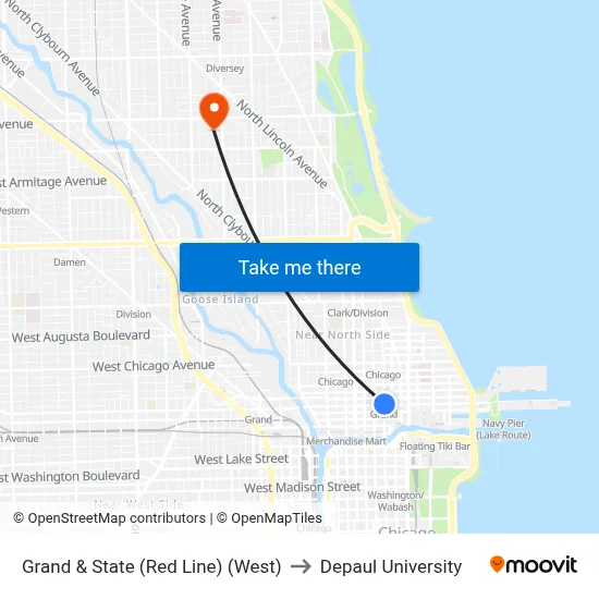 Grand & State (Red Line) (West) to Depaul University map