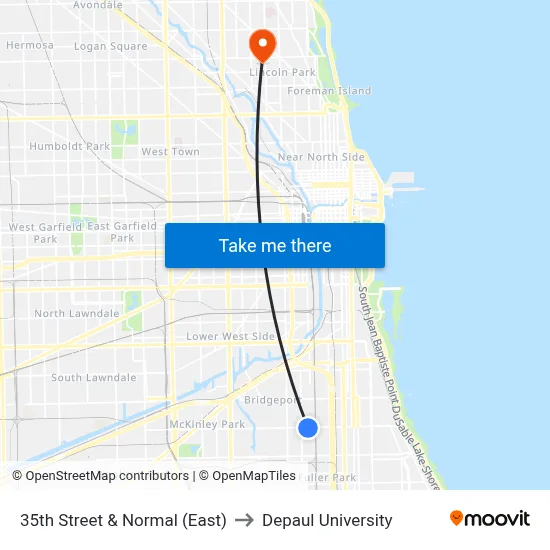 35th Street & Normal (East) to Depaul University map