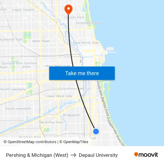 Pershing & Michigan (West) to Depaul University map