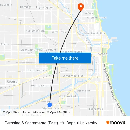 Pershing & Sacramento (East) to Depaul University map