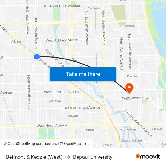 Belmont & Kedzie (West) to Depaul University map