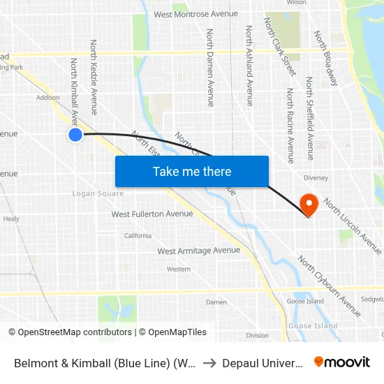 Belmont & Kimball (Blue Line) (West) to Depaul University map