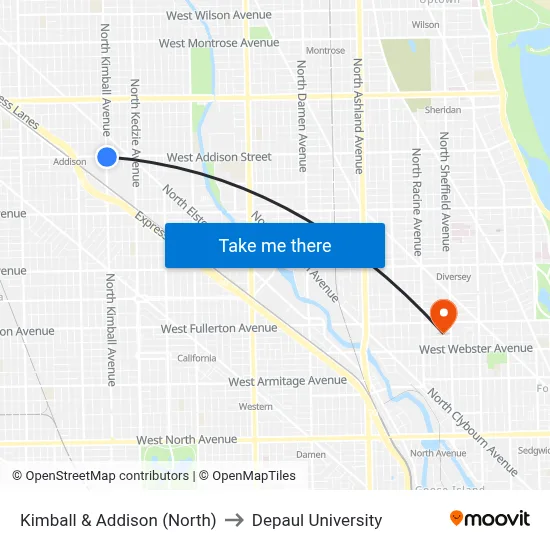 Kimball & Addison (North) to Depaul University map