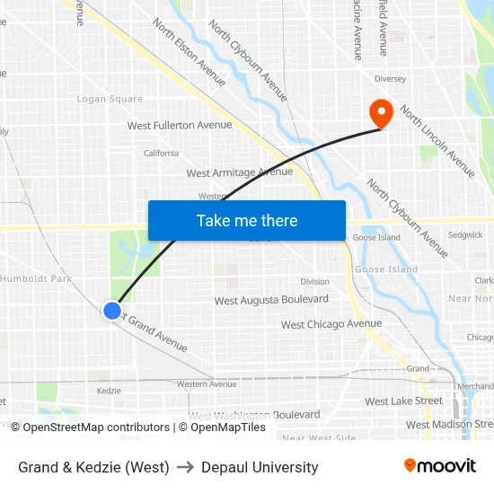 Grand & Kedzie (West) to Depaul University map