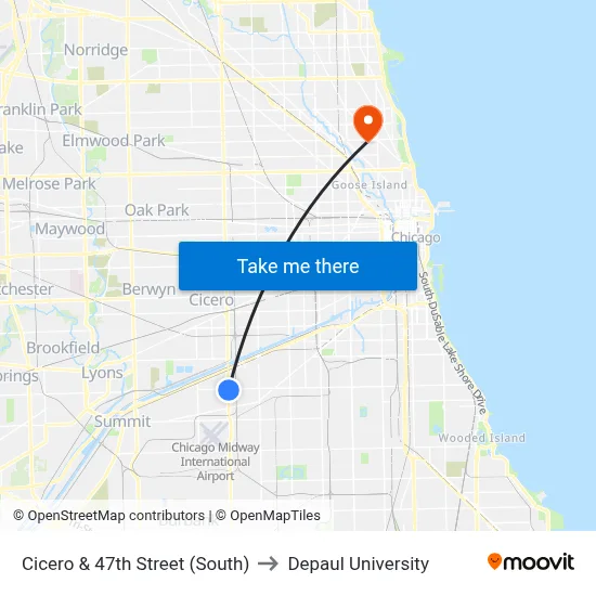 Cicero & 47th Street (South) to Depaul University map