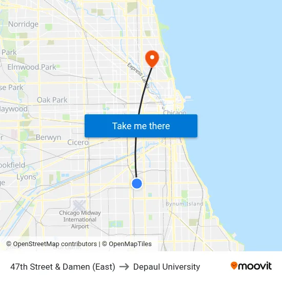 47th Street & Damen (East) to Depaul University map