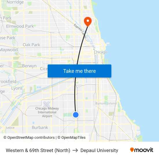Western & 69th Street (North) to Depaul University map