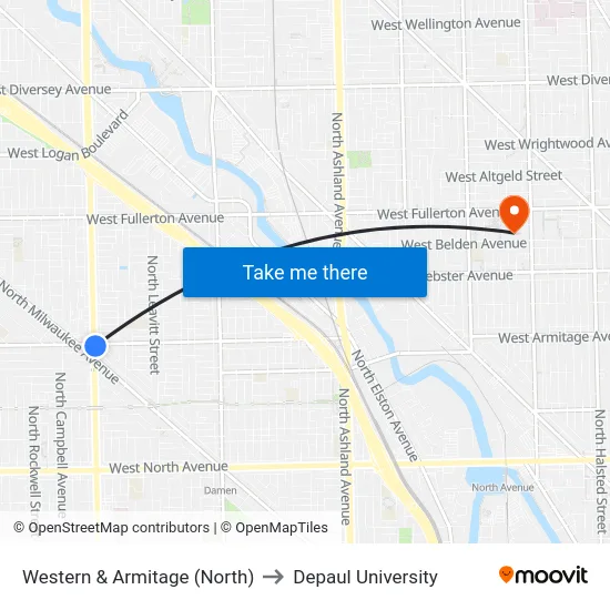 Western & Armitage (North) to Depaul University map