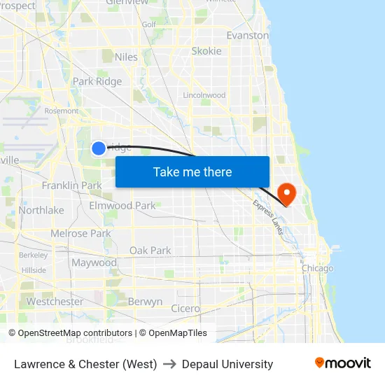 Lawrence & Chester (West) to Depaul University map