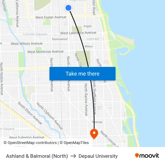 Ashland & Balmoral (North) to Depaul University map