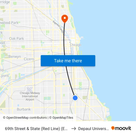 69th Street & State (Red Line) (East) to Depaul University map