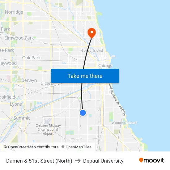 Damen & 51st Street (North) to Depaul University map