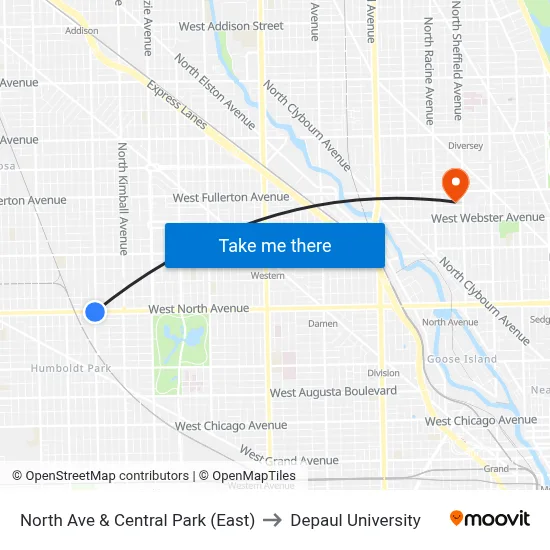 North Ave & Central Park (East) to Depaul University map