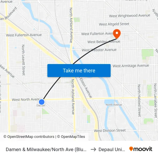 Damen & Milwaukee/North Ave (Blue Line) (North) to Depaul University map