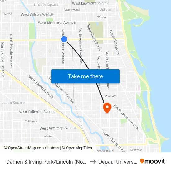 Damen & Irving Park/Lincoln (North) to Depaul University map