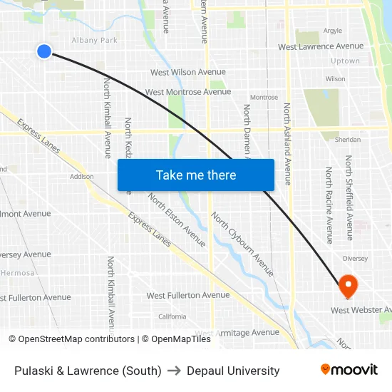 Pulaski & Lawrence (South) to Depaul University map