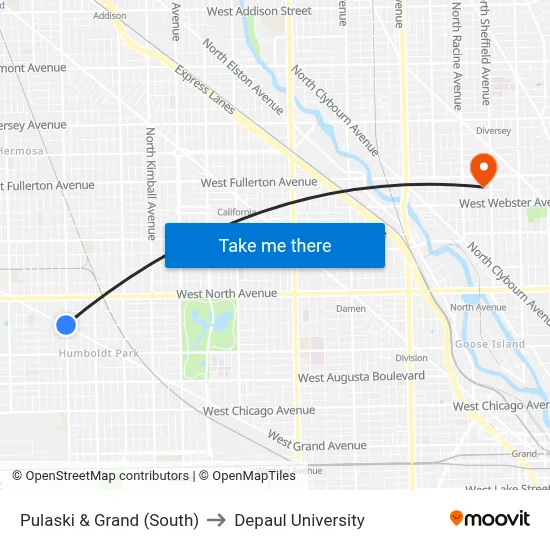 Pulaski & Grand (South) to Depaul University map
